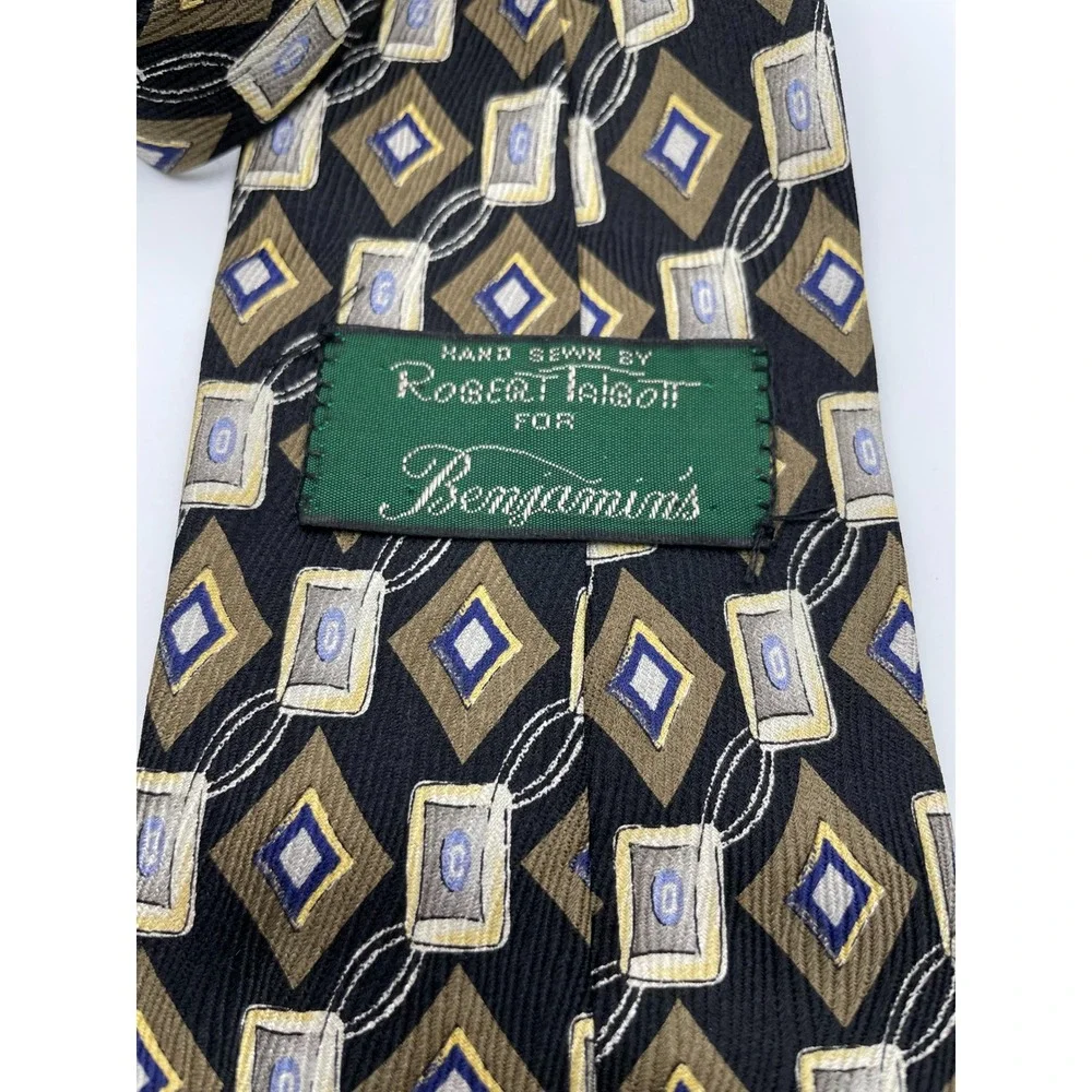 Robert Talbott Mens Silk Tie Black Gold Blue Geometric Diamond Hand Sewn USA